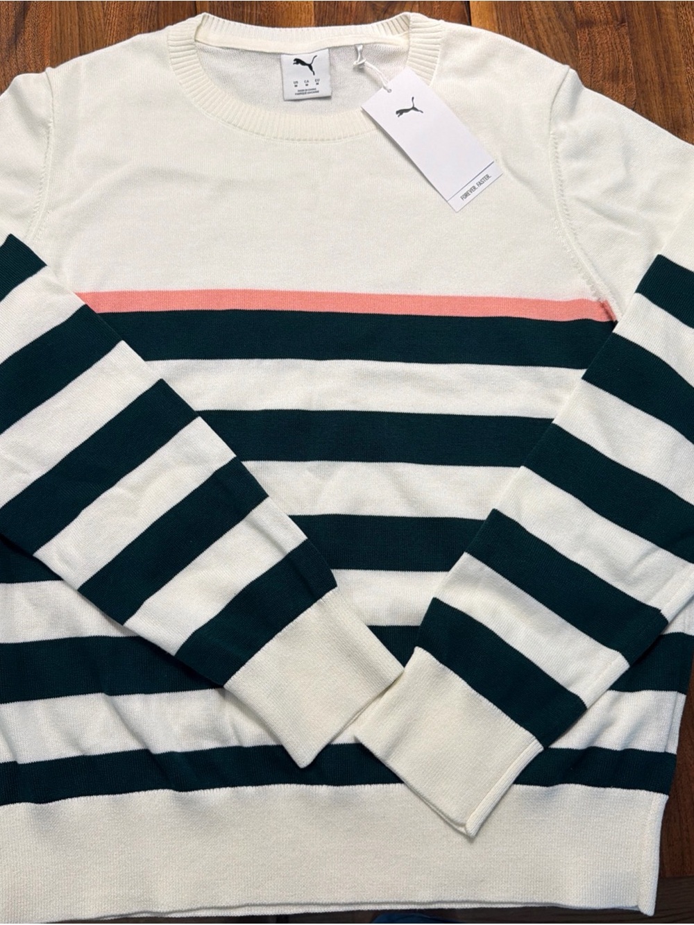 Puma Cream Crewneck Sweater with Green Stripes & Coral Accent